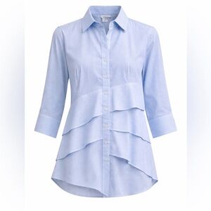 Finley Womens S Jenna Button Up Poplin Tiered Ruffle Tunic Blue White Pinstripe
